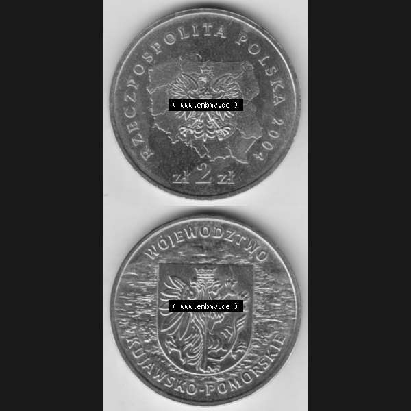 Grau bzw. s/w Münzen Polen Gedenkmünze 2004-2004, 2 Zloty, Województwo Kujawsko-Pomorskie. Wertseite + Motivseite Untereinander als Vollansicht auf einen Digitalen Bild passend... Sammlung Graustufen