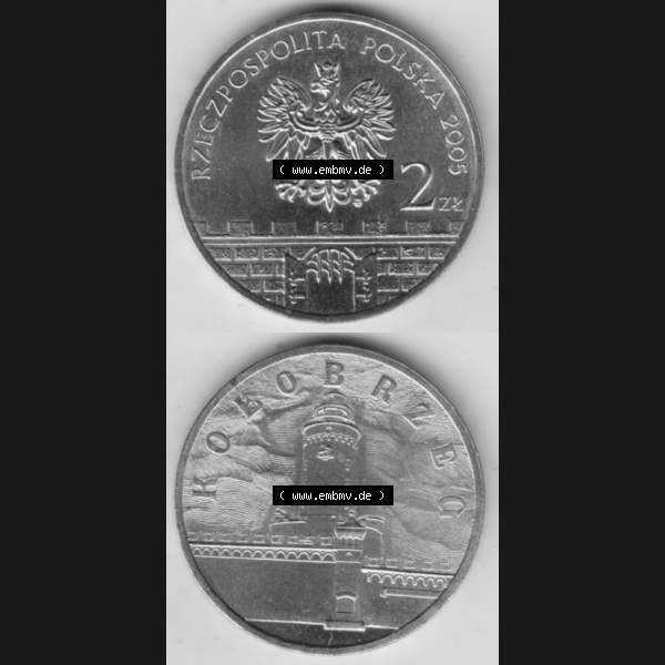 Grau bzw. s/w Münzen Polen Gedenkmünze 2005-2005, 2 Zloty, Kolobrzeg. Wertseite + Motivseite Untereinander als Vollansicht auf einen Digitalen Bild passend für Mobilgeräte... Sammlung Graustufen