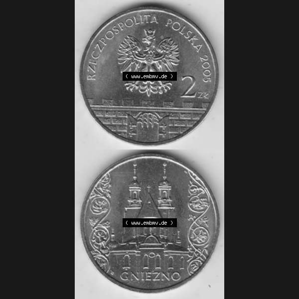 Grau bzw. s/w Münzen Polen Gedenkmünze 2005-2005, 2 Zloty, Gniezno. Wertseite + Motivseite Untereinander als Vollansicht auf einen Digitalen Bild passend für Mobilgeräte /... Sammlung Graustufen