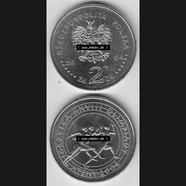 Grau bzw. s/w Münzen Polen Gedenkmünze 2004-2004, 2 Zloty, XXVIII. Olympische Sommerspiele in Athen 2004. Wertseite + Motivseite Untereinander als Vollansicht auf einen Digitalen... Sammlung Graustufen