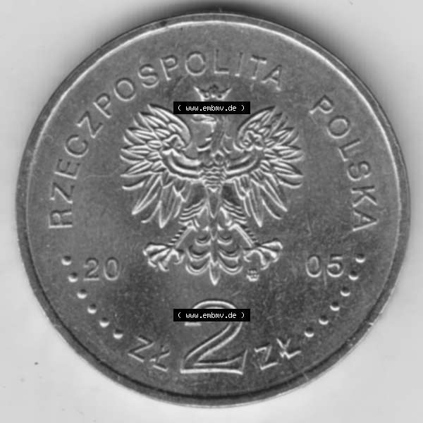 Grau bzw. s/w Münzen Polen Gedenkmünze 2005-2005, 2 Zloty, Stanisław August Poniatowski. Nominal-Wert-Seite mit einer Zahlkraft 2 Zloty einer Polnische Münze / Gedenkmünze... Sammlung Graustufen