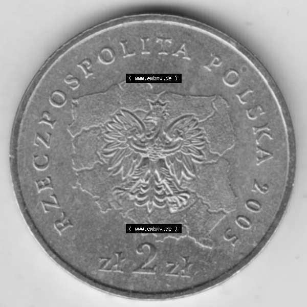 Grau bzw. s/w Münzen Polen Gedenkmünze 2005-2005, 2 Zloty, Województwo Zachodniopomorskie. Nominal-Wert-Seite mit einer Zahlkraft 2 Zloty einer Polnische Münze / Gedenkmünze... Sammlung Graustufen