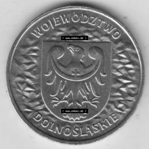 Grau bzw. s/w Münzen Polen Gedenkmünze 2004-2004, 2 Zloty, Województwo Dolnoslaskie. Polnische Münze mit Nennwert von 2 Zloty, 2 Zloty sind in Euro Umgerechnet 46 Euro-Cent... Sammlung Graustufen