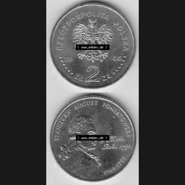 Grau bzw. s/w Münzen Polen Gedenkmünze 2005-2005, 2 Zloty, Stanisław August Poniatowski. Wertseite + Motivseite Untereinander als Vollansicht auf einen Digitalen Bild passend... Sammlung Graustufen