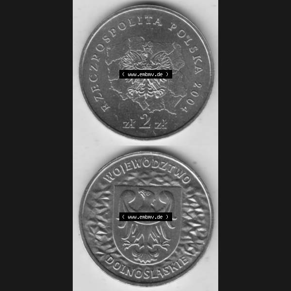 Grau bzw. s/w Münzen Polen Gedenkmünze 2004-2004, 2 Zloty, Województwo Dolnoslaskie. Wertseite + Motivseite Untereinander als Vollansicht auf einen Digitalen Bild passend für... Sammlung Graustufen