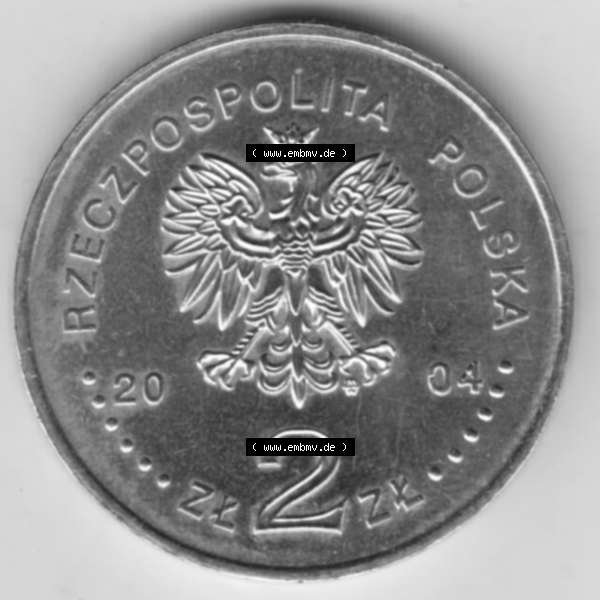 Grau bzw. s/w Münzen Polen Gedenkmünze 2004-2004, 2 Zloty, Wstapienie Polski, Do Unii Europejskiej. Nominal-Wert-Seite mit einer Zahlkraft 2 Zloty einer Polnische Münze /... Sammlung Graustufen