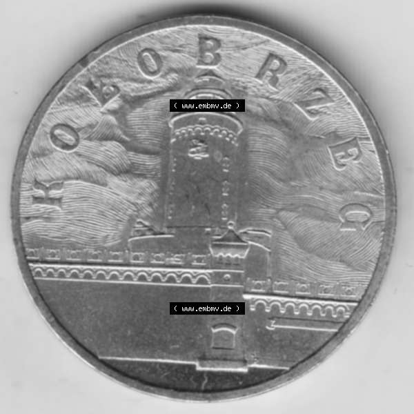 Grau bzw. s/w Münzen Polen Gedenkmünze 2005-2005, 2 Zloty, Kolobrzeg. Polnische Münze mit Nennwert von 2 Zloty, 2 Zloty sind in Euro Umgerechnet 46 Euro-Cent / 0,46... Sammlung Graustufen