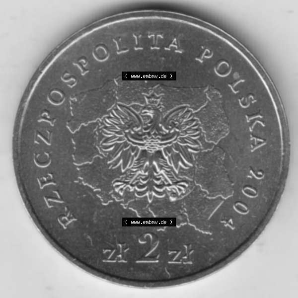 Grau bzw. s/w Münzen Polen Gedenkmünze 2004-2004, 2 Zloty, Województwo Dolnoslaskie. Nominal-Wert-Seite mit einer Zahlkraft 2 Zloty einer Polnische Münze / Gedenkmünze... Sammlung Graustufen