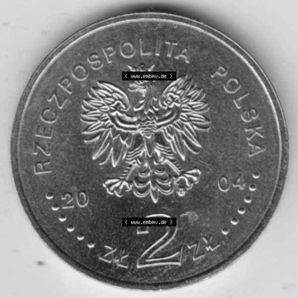 Grau bzw. s/w Münzen Polen Gedenkmünze 2004-2004, 2 Zloty, XXVIII. Olympische Sommerspiele in Athen 2004. Nominal-Wert-Seite mit einer Zahlkraft 2 Zloty einer Polnische Münze... Sammlung Graustufen