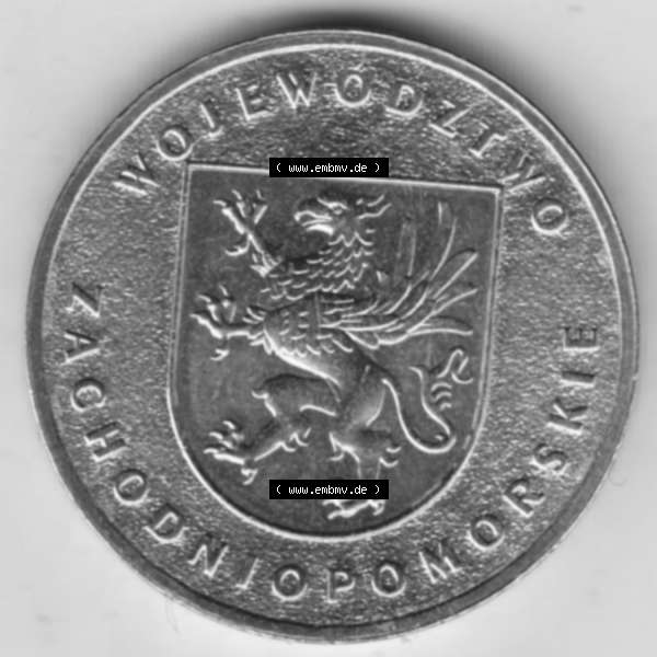 Grau bzw. s/w Münzen Polen Gedenkmünze 2005-2005, 2 Zloty, Województwo Zachodniopomorskie. Polnische Münze mit Nennwert von 2 Zloty, 2 Zloty sind in Euro Umgerechnet 46... Sammlung Graustufen