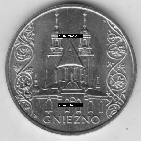 Grau bzw. s/w Münzen Polen Gedenkmünze 2005-2005, 2 Zloty, Gniezno. Polnische Münze mit Nennwert von 2 Zloty, 2 Zloty sind in Euro Umgerechnet 46 Euro-Cent / 0,46 Euro... Sammlung Graustufen