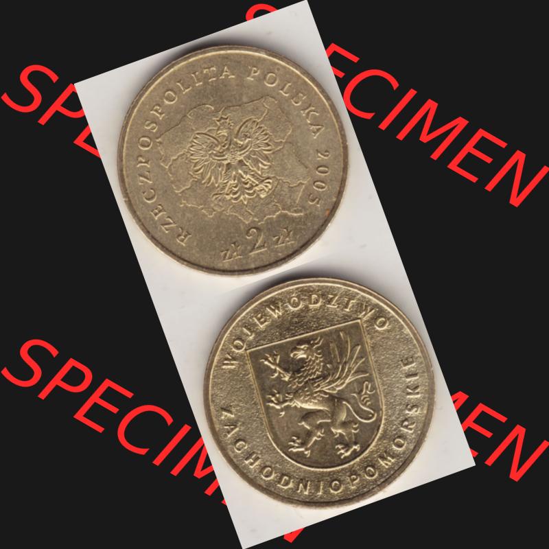 Münzen Polen Gedenkmünze 2005-2005, 2 Zloty, Województwo Zachodniopomorskie. Wertseite + Motivseite Untereinander als Vollansicht auf einen Digitalen Bild passend... Sammlung
