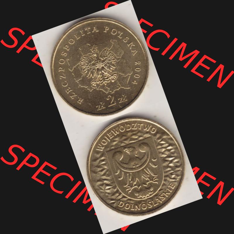 Münzen Polen Gedenkmünze 2004-2004, 2 Zloty, Województwo Dolnoslaskie. Wertseite + Motivseite Untereinander als Vollansicht auf einen Digitalen Bild passend für... Sammlung