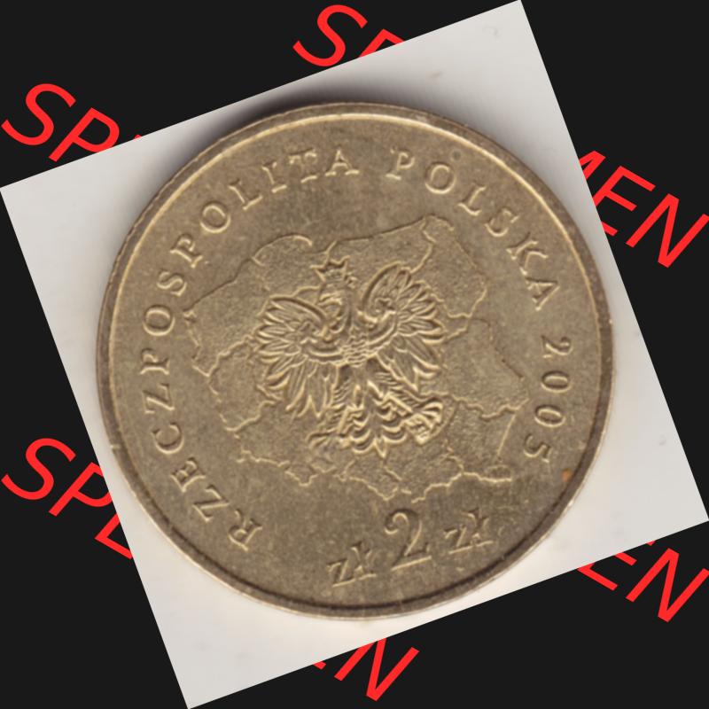Münzen Polen Gedenkmünze 2005-2005, 2 Zloty, Województwo Zachodniopomorskie. Nominal-Wert-Seite mit einer Zahlkraft 2 Zloty einer Polnische Münze / Gedenkmünze... Sammlung