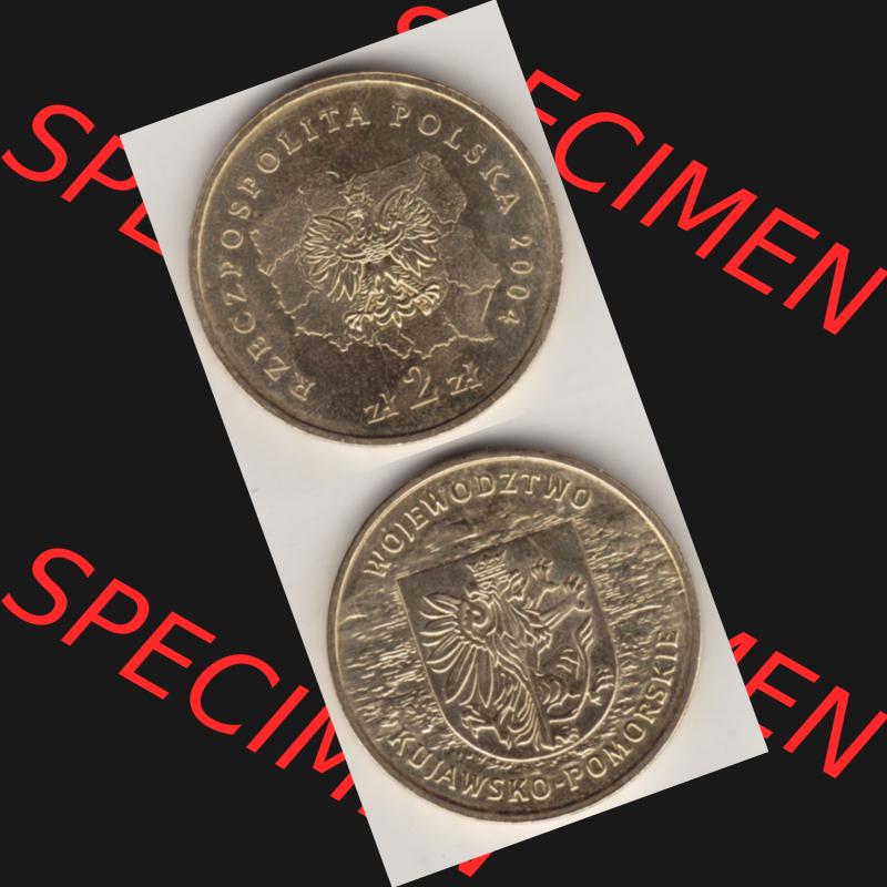 Münzen Polen Gedenkmünze 2004-2004, 2 Zloty, Województwo Kujawsko-Pomorskie. Wertseite + Motivseite Untereinander als Vollansicht auf einen Digitalen Bild passend... Sammlung