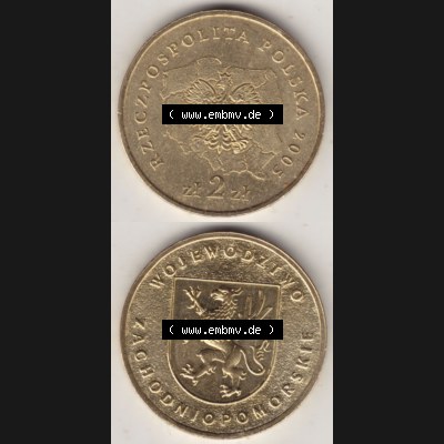 Münzen Polen Gedenkmünze 2005-2005, 2 Zloty, Województwo Zachodniopomorskie. Wertseite + Motivseite Untereinander als Vollansicht auf einen Digitalen Bild passend... Sammlung