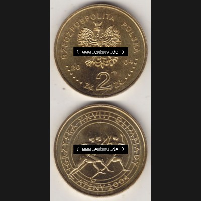 Münzen Polen Gedenkmünze 2004-2004, 2 Zloty, XXVIII. Olympische Sommerspiele in Athen 2004. Wertseite + Motivseite Untereinander als Vollansicht auf einen Digitalen... Sammlung