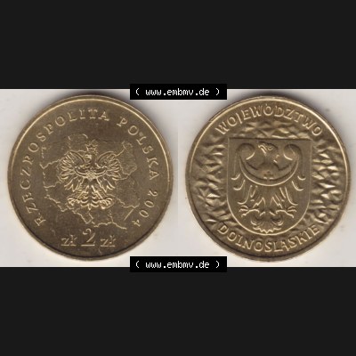 Münzen Polen Gedenkmünze 2004-2004, 2 Zloty, Województwo Dolnoslaskie. Wertseite + Motivseite nebeneinander als Vollansicht auf einen Digitalen Bild mit einer Zahlkraft... Sammlung