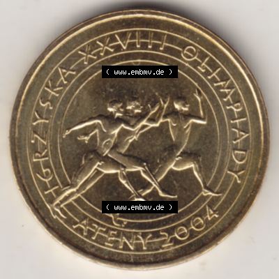 Münzen Polen Gedenkmünze 2004-2004, 2 Zloty, XXVIII. Olympische Sommerspiele in Athen 2004. Polnische Münze mit Nennwert von 2 Zloty, 2 Zloty sind in Euro... Sammlung