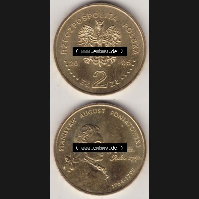 Münzen Polen Gedenkmünze 2005-2005, 2 Zloty, Stanisław August Poniatowski. Wertseite + Motivseite Untereinander als Vollansicht auf einen Digitalen Bild passend... Sammlung