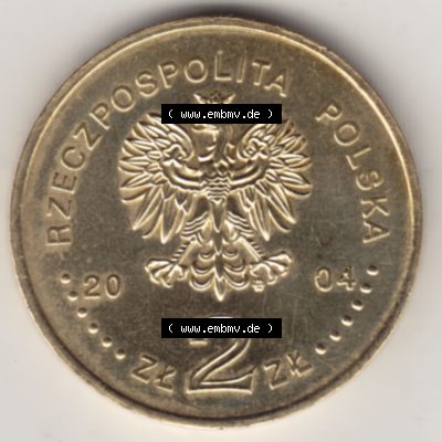 Münzen Polen Gedenkmünze 2004-2004, 2 Zloty, Wstapienie Polski, Do Unii Europejskiej. Nominal-Wert-Seite mit einer Zahlkraft 2 Zloty einer Polnische Münze /... Sammlung