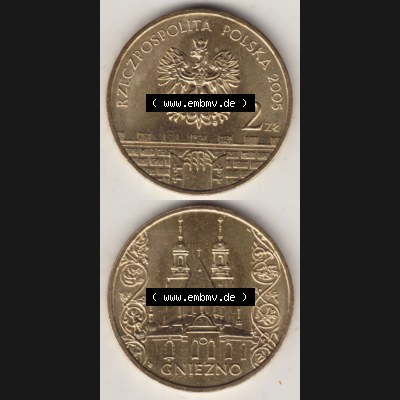 Münzen Polen Gedenkmünze 2005-2005, 2 Zloty, Gniezno. Wertseite + Motivseite Untereinander als Vollansicht auf einen Digitalen Bild passend für Mobilgeräte /... Sammlung
