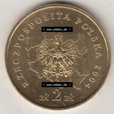 Münzen Polen Gedenkmünze 2004-2004, 2 Zloty, Województwo Dolnoslaskie. Nominal-Wert-Seite mit einer Zahlkraft 2 Zloty einer Polnische Münze / Gedenkmünze... Sammlung