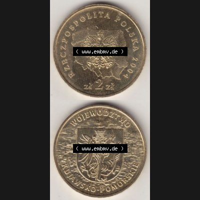 Münzen Polen Gedenkmünze 2004-2004, 2 Zloty, Województwo Kujawsko-Pomorskie. Wertseite + Motivseite Untereinander als Vollansicht auf einen Digitalen Bild passend... Sammlung