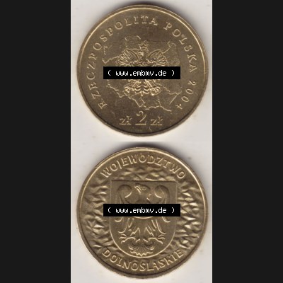 Münzen Polen Gedenkmünze 2004-2004, 2 Zloty, Województwo Dolnoslaskie. Wertseite + Motivseite Untereinander als Vollansicht auf einen Digitalen Bild passend für... Sammlung