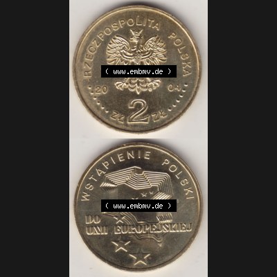 Münzen Polen Gedenkmünze 2004-2004, 2 Zloty, Wstapienie Polski, Do Unii Europejskiej. Wertseite + Motivseite Untereinander als Vollansicht auf einen Digitalen Bild... Sammlung