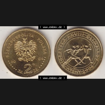 Münzen Polen Gedenkmünze 2004-2004, 2 Zloty, XXVIII. Olympische Sommerspiele in Athen 2004. Wertseite + Motivseite nebeneinander als Vollansicht auf einen Digitalen... Sammlung