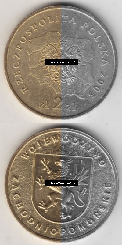 2 Zloty, Województwo Zachodniopomorskie, Polnische Münze, Polnische Münze Sammlung