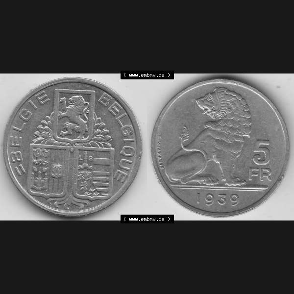 Grau bzw. s/w Alte Münzen KMS Belgien, Kursmünzensatz / KMS - Zusammenstellung 1938-1940, mit Münze 1938-1939, 5 Franken, FR, Francs, BELGIE - BELGIQUE 1939-1.... Sammlung Graustufen