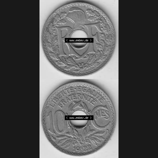 Grau bzw. s/w Münzen Frankreich Umlaufmünze Vollansicht 1917-1938, 10 Centimes, RF - Frankreich 10 CMES EGALITÉ FRATERNITÉ LIBERTÉ 1922-2. Vorderseite und Rückseite... Sammlung Graustufen