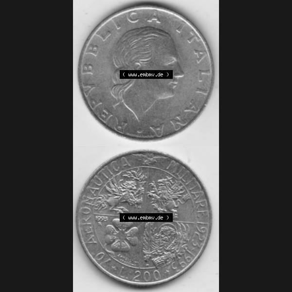 Grau bzw. s/w Bildmaterial von Münzen aus Italien / Italia Gedenkmünzen 1993-1993, 200 Lire Militärischen Luftfahrt. Vorderseite und Rückseite vertikal untereinander auf einen digitalen... Sammlung Graustufen