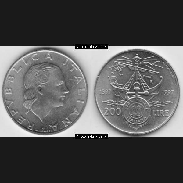 Grau bzw. s/w Bildmaterial von Münzen aus Italien / Italia Gedenkmünzen 1997-1997, 200 Lire Italienische Meeresliga. Vorderseite und Rückseite horizontal auf einen digitalen Bild einer... Sammlung Graustufen