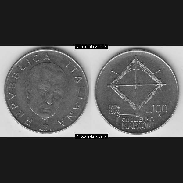 Grau bzw. s/w Bildmaterial von Münzen aus Italien / Italia Gedenkmünzen 1974-1974, 100 Lire, 100. Geburtstag von Guglielmo Marconi (1874-1974)-1. Vorderseite und Rückseite... Sammlung Graustufen