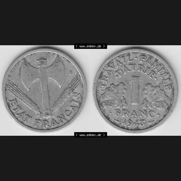 Grau bzw. s/w Münzen Frankreich Umlaufmünze 1942-1944, 1 Franken - Francs 1943-1. Vorderseite und Rückseite horizontal auf einen digitalen Bild der alten französischen Umlaufmünze... Sammlung Graustufen