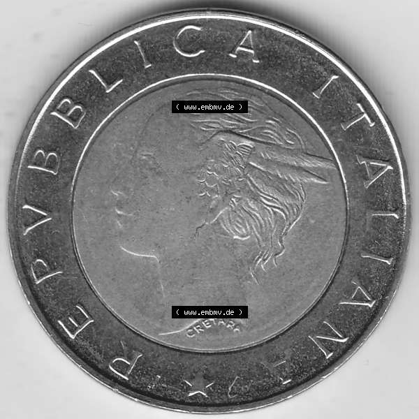 Grau bzw. s/w Bildmaterial von Münzen aus Italien / Italia Gedenkmünzen 1997-1997, 500 Lire, 50 Jahre Staatspolizei (1947-1997), POLIZIA DI STATO POLIZIA STRADALE R.... Sammlung Graustufen