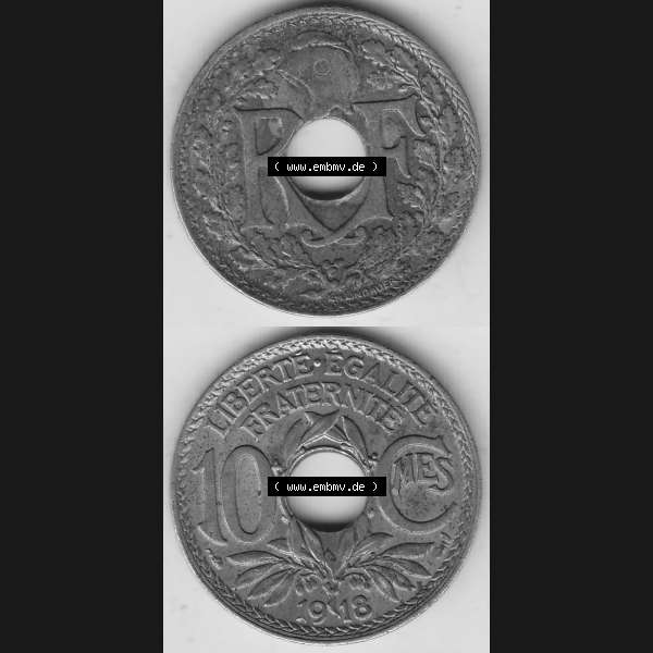 Grau bzw. s/w Münzen Frankreich Umlaufmünze Vollansicht 1917-1938, 10 Centimes, 10 CMES EGALITÉ FRATERNITÉ LIBERTÉ 1918-2. Vertikales beidseitiges Bildmaterial der Vorderseite... Sammlung Graustufen