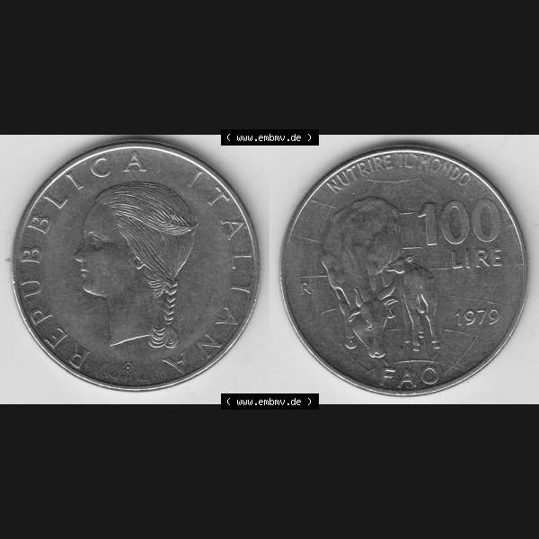 Grau bzw. s/w Bildmaterial von Münzen aus Italien / Italia Gedenkmünzen 1979-1979, 100 Lire, Ernährungs- und Landwirtschafts- Organisation der Vereinten Nationen-1. Vorderseite... Sammlung Graustufen