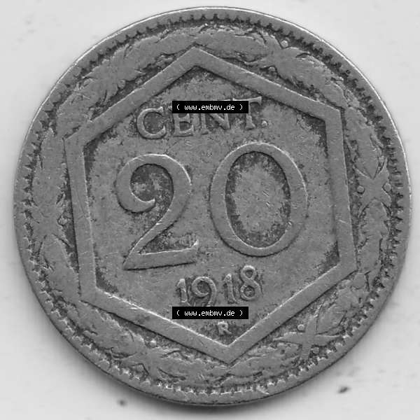 Grau bzw. s/w Alte Münzen KMS Italien / Italia, Kursmünzensatz - Zusammenstellung 1908-1943, mit Münze 1919-1920, 20 Centesimi, Cent, REGNO DITALIA 1918-1. Rückseite... Sammlung Graustufen