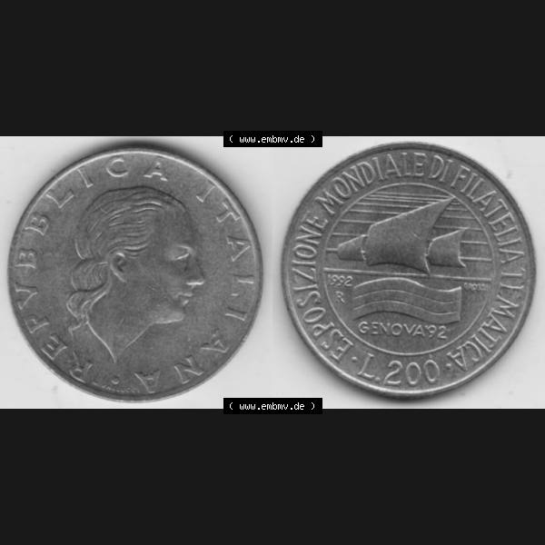 Grau bzw. s/w Bildmaterial von Münzen aus Italien / Italia Gedenkmünzen 1992-1992, 200 Lire Briefmarkenausstellung in Genua. Vorderseite und Rückseite horizontal auf einen digitalen Bild... Sammlung Graustufen