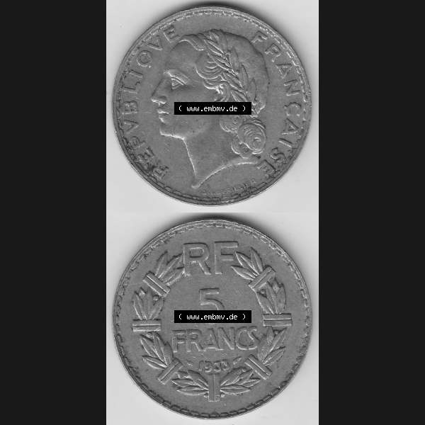 Grau bzw. s/w Münzen Frankreich Umlaufmünze 1933-1938, 5 Franken - Francs RF 1933. Vorderseite und Rückseite vertikal auf einen digitalen Bild der alten französischen Umlaufmünze... Sammlung Graustufen