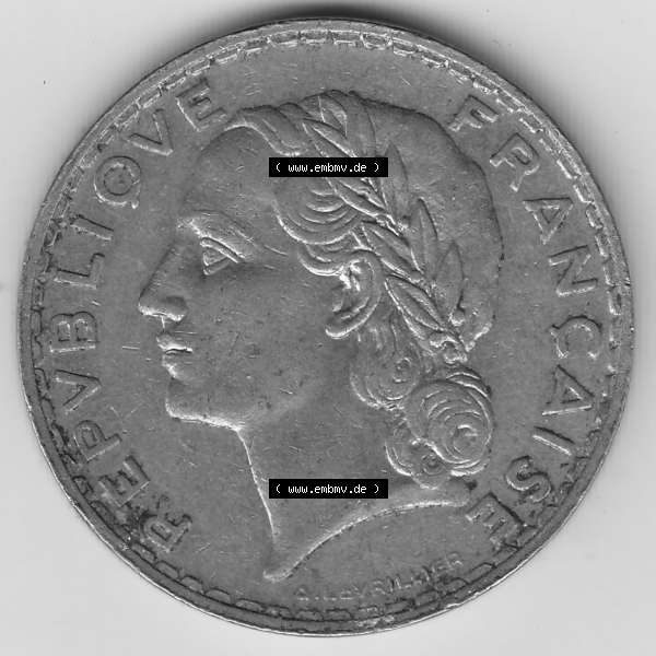 Grau bzw. s/w Münzen Frankreich Umlaufmünze 1933-1938, 5 Franken - Francs RF 1933. Vorderseite der alten französischen Umlaufmünze aus Frankreich in der Francs-Währung zum katalogisieren... Sammlung Graustufen