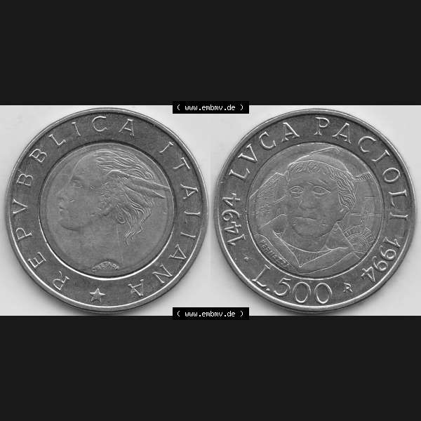 Grau bzw. s/w Bildmaterial von Münzen aus Italien / Italia Gedenkmünzen 1994-1994, 500 Lire, 500. Geburtstag von Luca Pacioli (1494-1994)-2. Vorderseite und Rückseite... Sammlung Graustufen