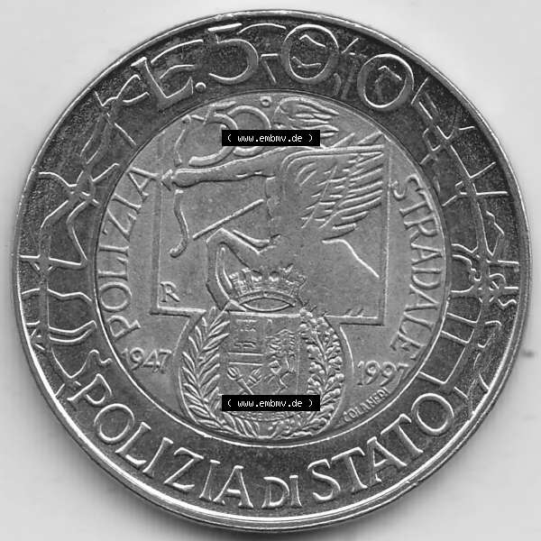 Grau bzw. s/w Bildmaterial von Münzen aus Italien / Italia Gedenkmünzen 1997-1997, 500 Lire, 50 Jahre Staatspolizei (1947-1997), POLIZIA DI STATO POLIZIA STRADALE R.... Sammlung Graustufen