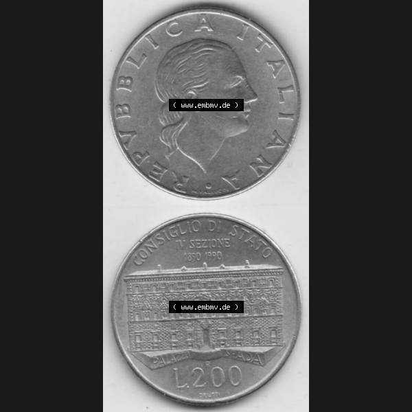 Grau bzw. s/w Bildmaterial von Münzen aus Italien / Italia Gedenkmünzen 1990-1990, 200 Lire Gründung von Staatsrat. Vorderseite und Rückseite vertikal untereinander auf einen digitalen... Sammlung Graustufen