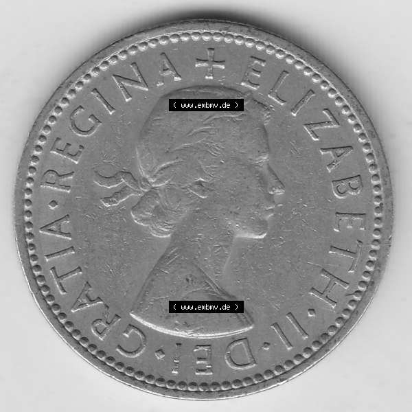 Grau bzw. s/w Münzen Großbritannien Umlaufmünze 1954-1970, 1 Schilling - Shilling, 1963-1 Wappen mit drei Löwen. Vorderseite der alten britischen Münze aus Großbritannien... Sammlung Graustufen