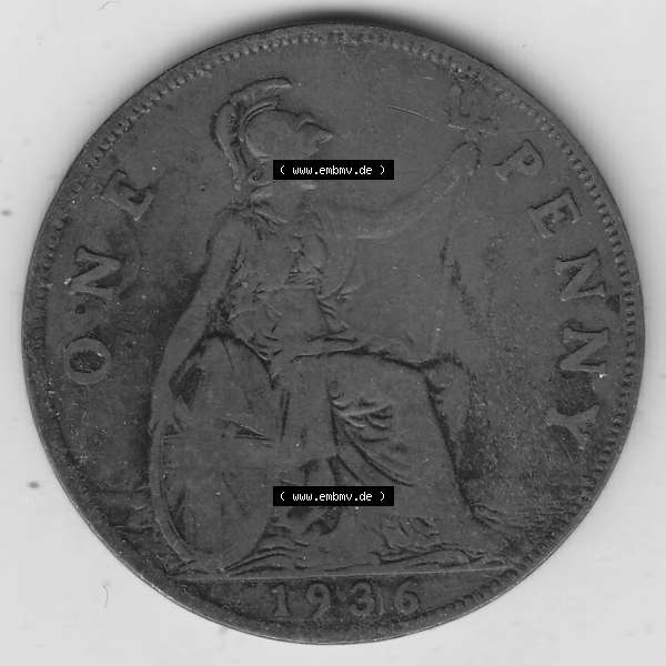Grau bzw. s/w Münzen Großbritannien Umlaufmünze 1928-1936, 1 One Penny, 1936-2, George V. BM GEORGIVS V DEI GRABRITTOMNREX FIDDEFINDIMP. Rückseite der alten britischen... Sammlung Graustufen